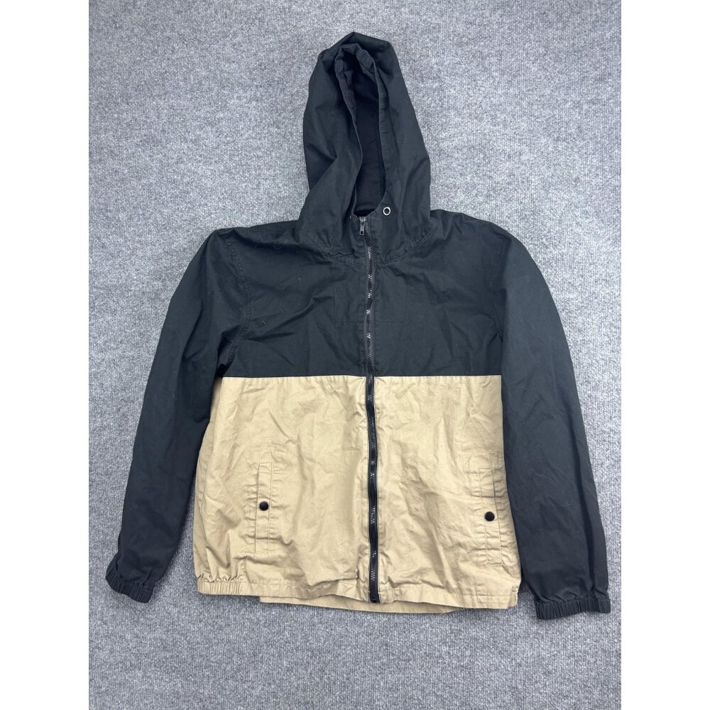 NOMAD Hooded Jacket Mens Large Black Tan Cotton Windbreaker Zip Pockets‎ Casual